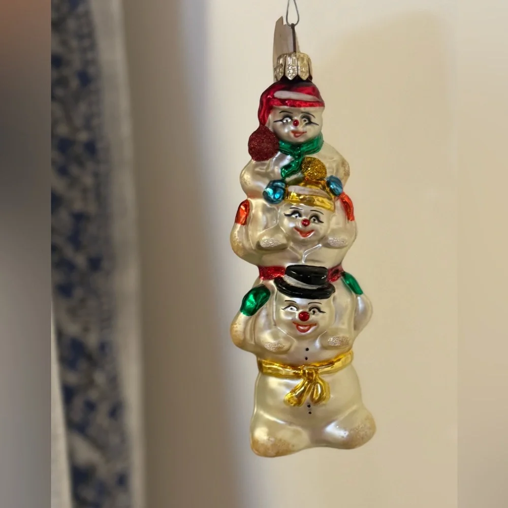 Snowmen Stack Totem Pole Blown Glass Christmas Ornament Family 5”